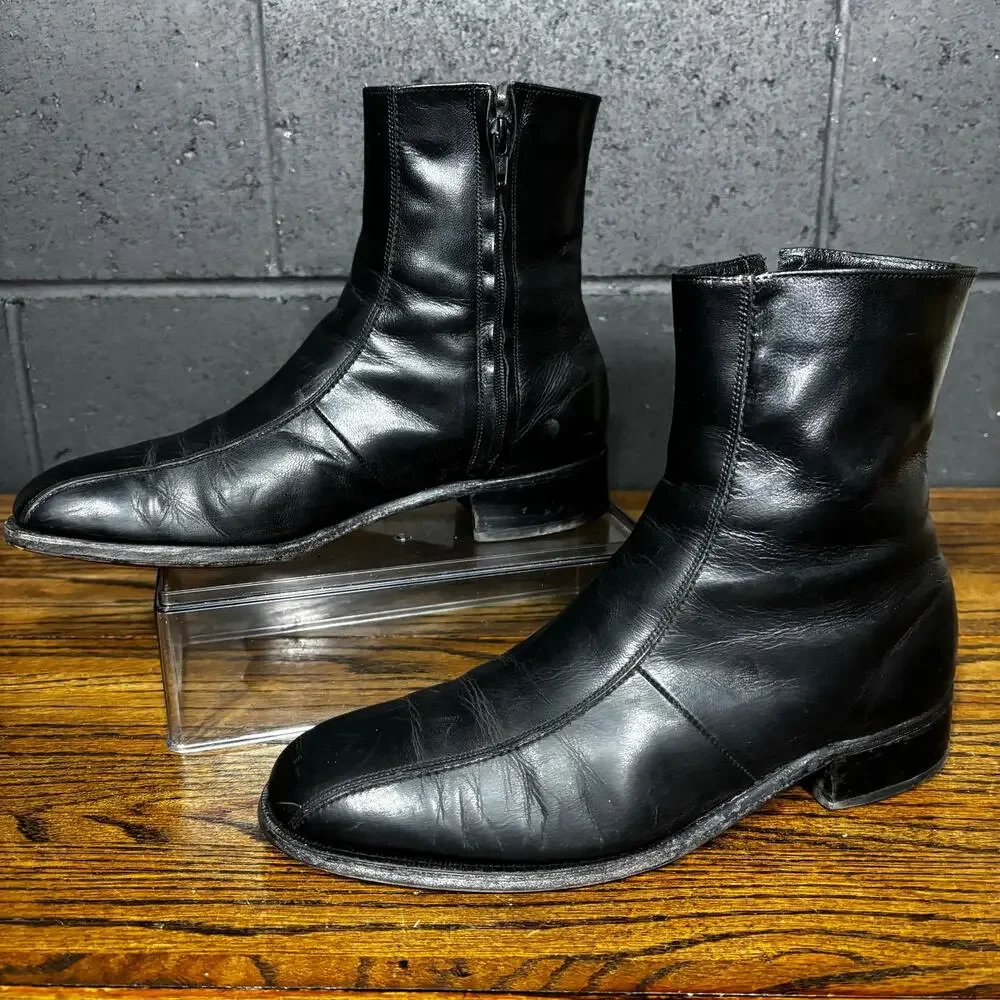 Vintage Florsheim Mens 9.5 D Black Leather Side Zip Ankle Boots Made in USA
